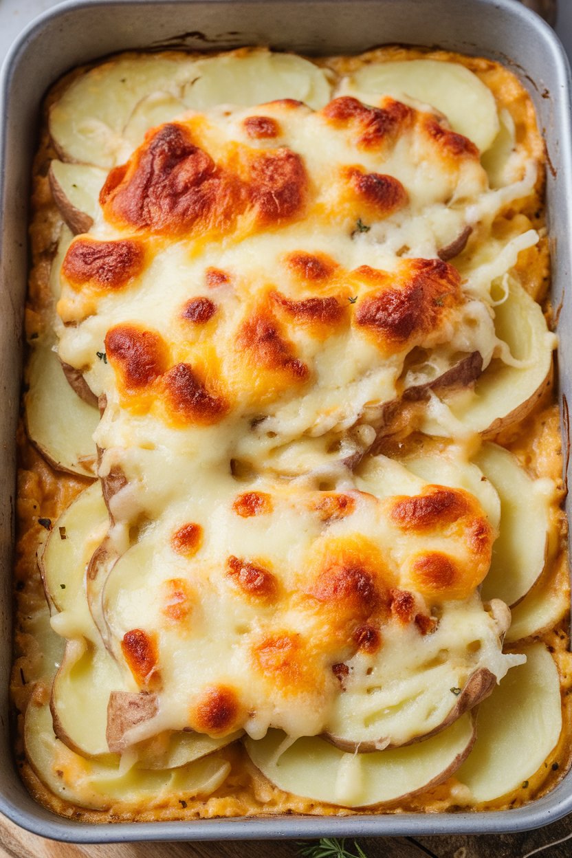Indoor close-up of a baking dish showing layers of sliced potatoes in cream sauce, cheese browned on top. No text or logos. Photo only.