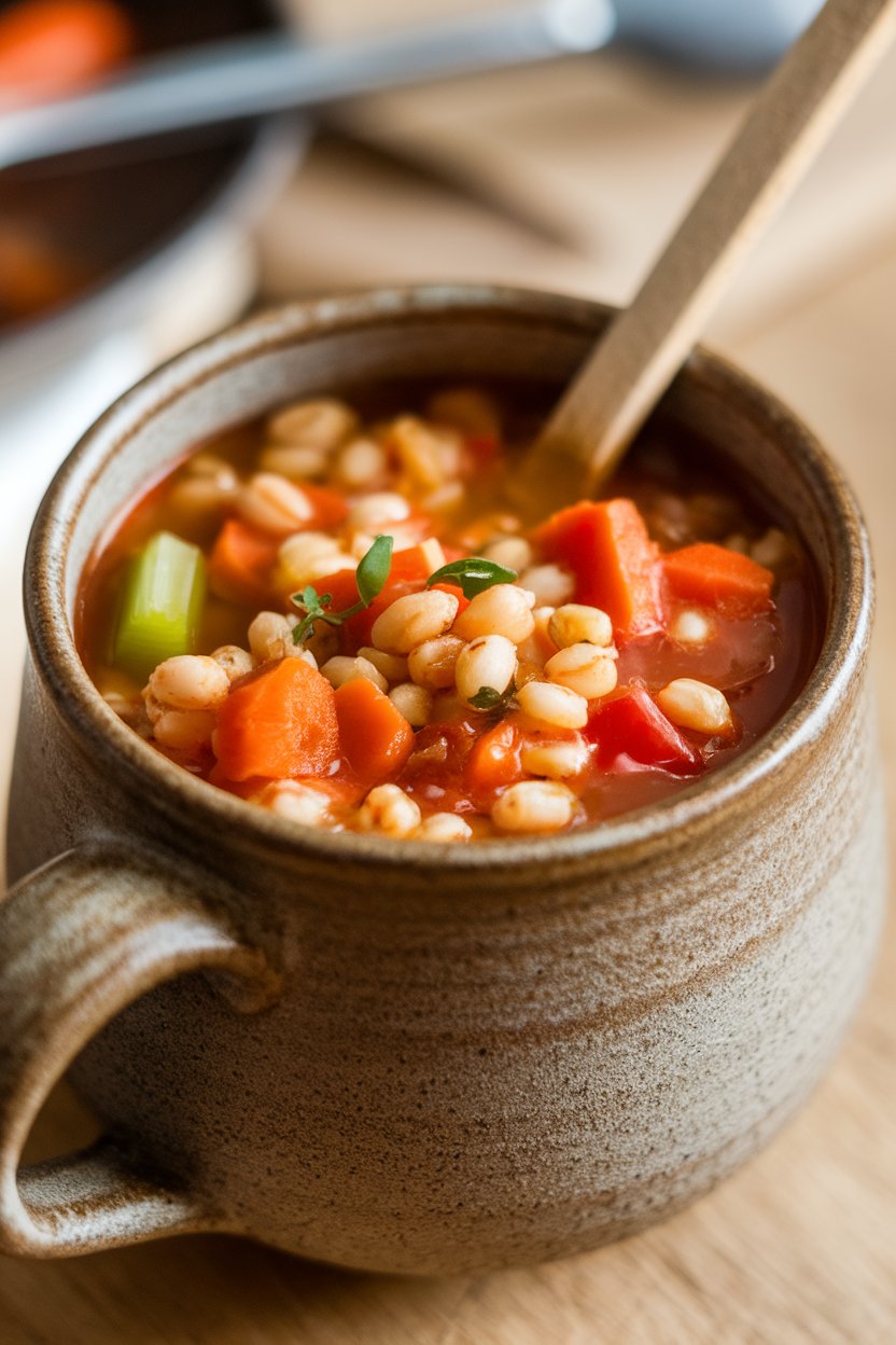 Indoor food photo of hearty barley soup brimming with carrots, celery, and tomatoes in a stoneware mug, spoon inside; no text or logos.