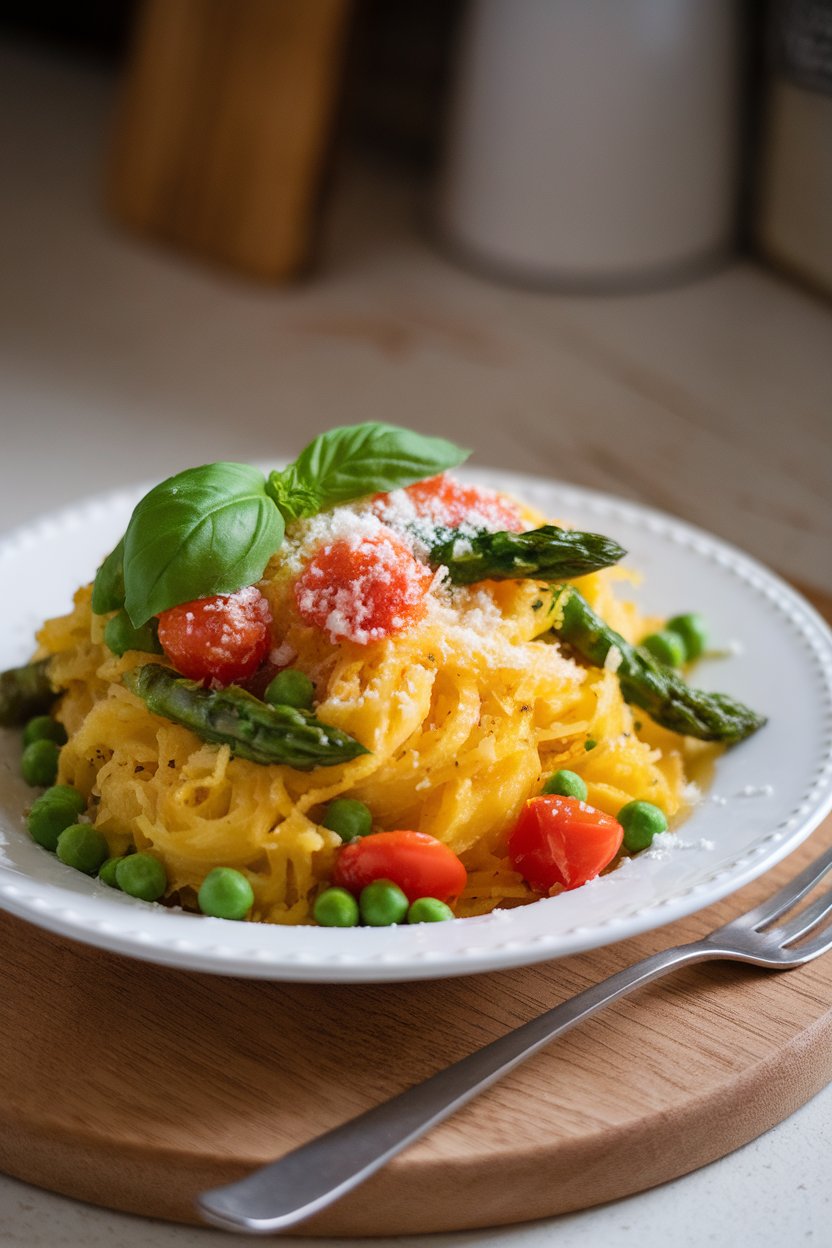 A white plate indoors holding roasted spaghetti squash strands tossed with sautéed asparagus, peas, and cherry tomatoes; no text or logos; photo.