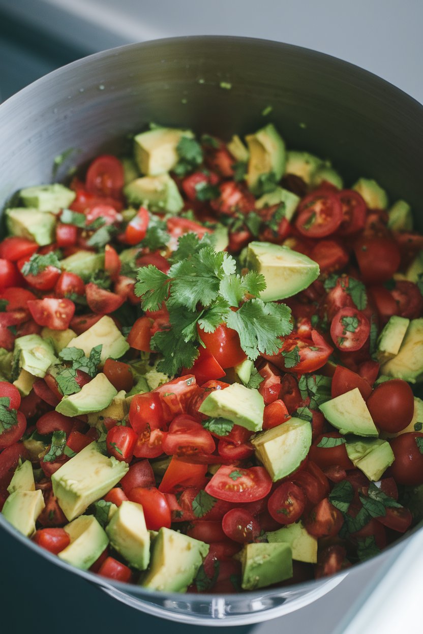 An indoor serving dish of diced tomato and avocado cubes tossed with cilantro and lime juice. No text or logos. Photo, not illustration.