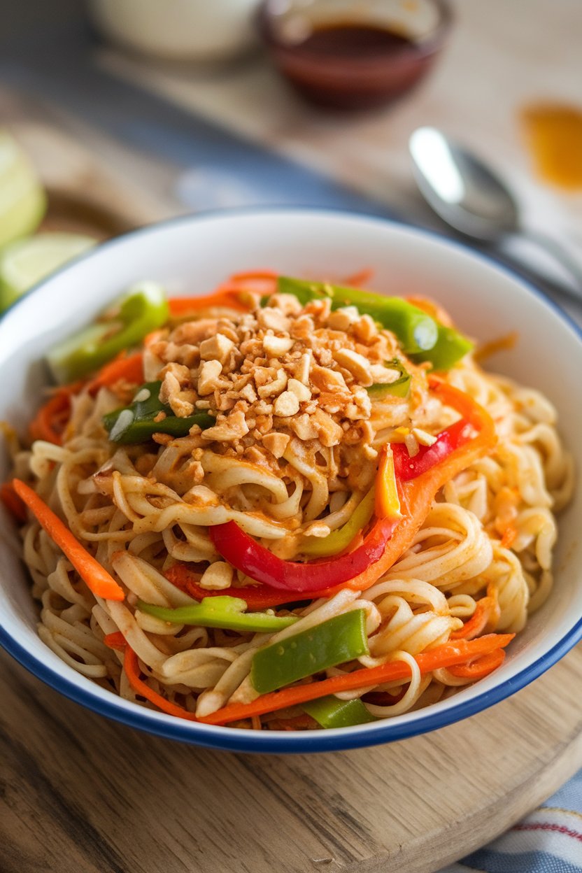 Indoor bowl of rice noodles tossed with colorful veggies and peanut-lime dressing—no text or logos.