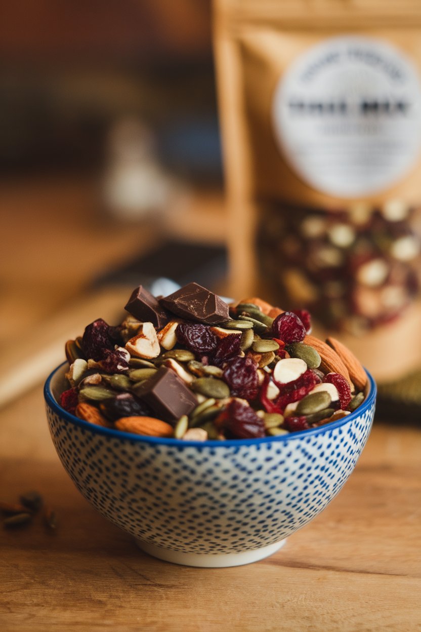 Indoor bowl photo of a homemade trail mix featuring dark chocolate chunks, roasted almonds, dried cranberries, and pumpkin seeds. No text or logos.