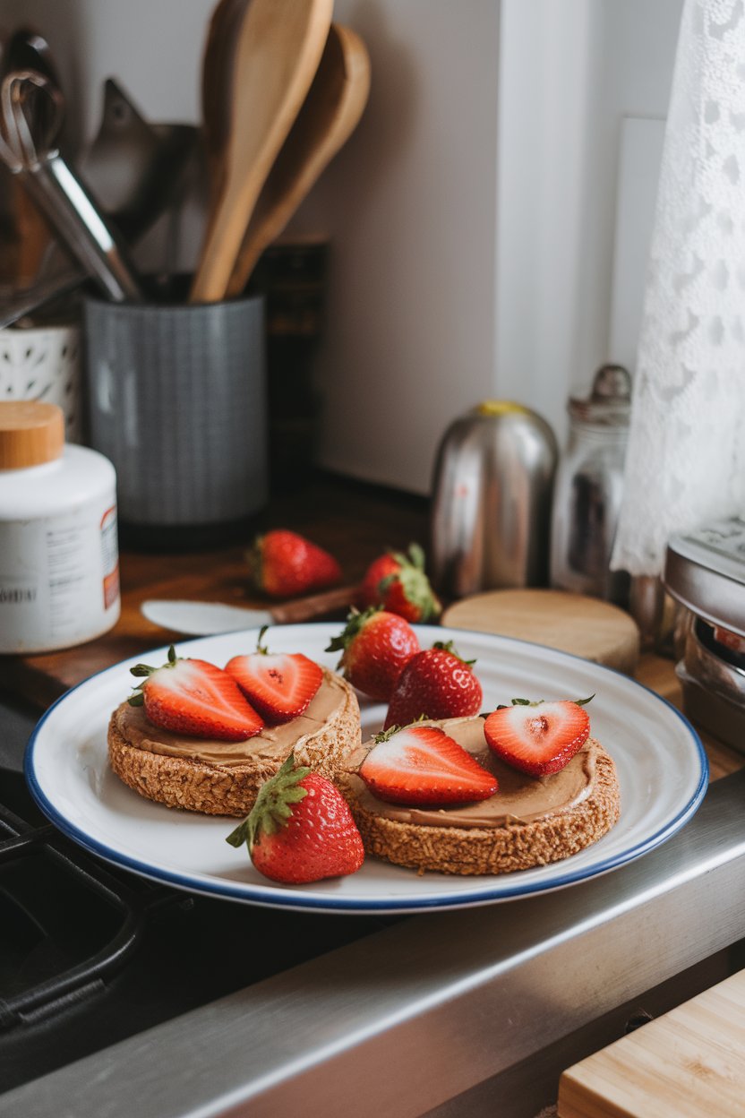Plate on a kitchen counter displaying two brown rice cakes spread with almond butter and topped with fresh strawberry slices. No text or logos.