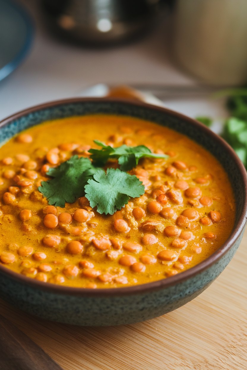 Indoor bowl of creamy red lentil curry with coconut milk, turmeric, and cilantro garnish. No visible branding.
