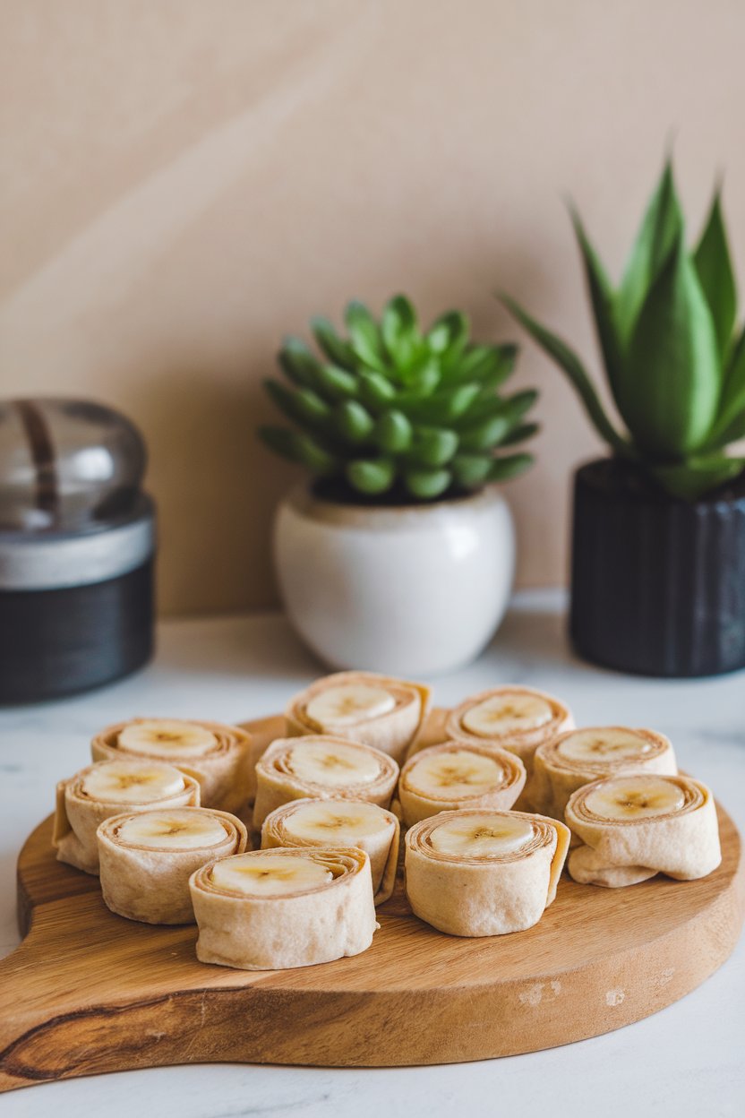 An indoor cutting board holding bite-size tortilla pinwheels filled with almond butter and banana slices. No text or logos present. Photo only.