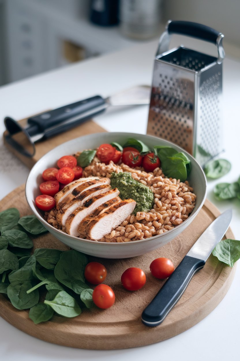 Indoor tabletop featuring a bowl of farro mixed with basil pesto, sliced grilled chicken, cherry tomatoes, and baby spinach. No text or logos.