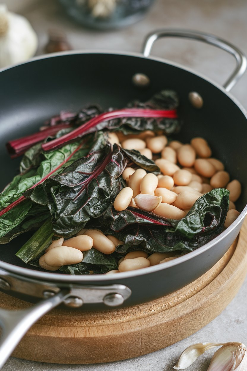 Indoor sauté pan with wilted chard, cannellini beans, and garlic cloves—no text or logos.