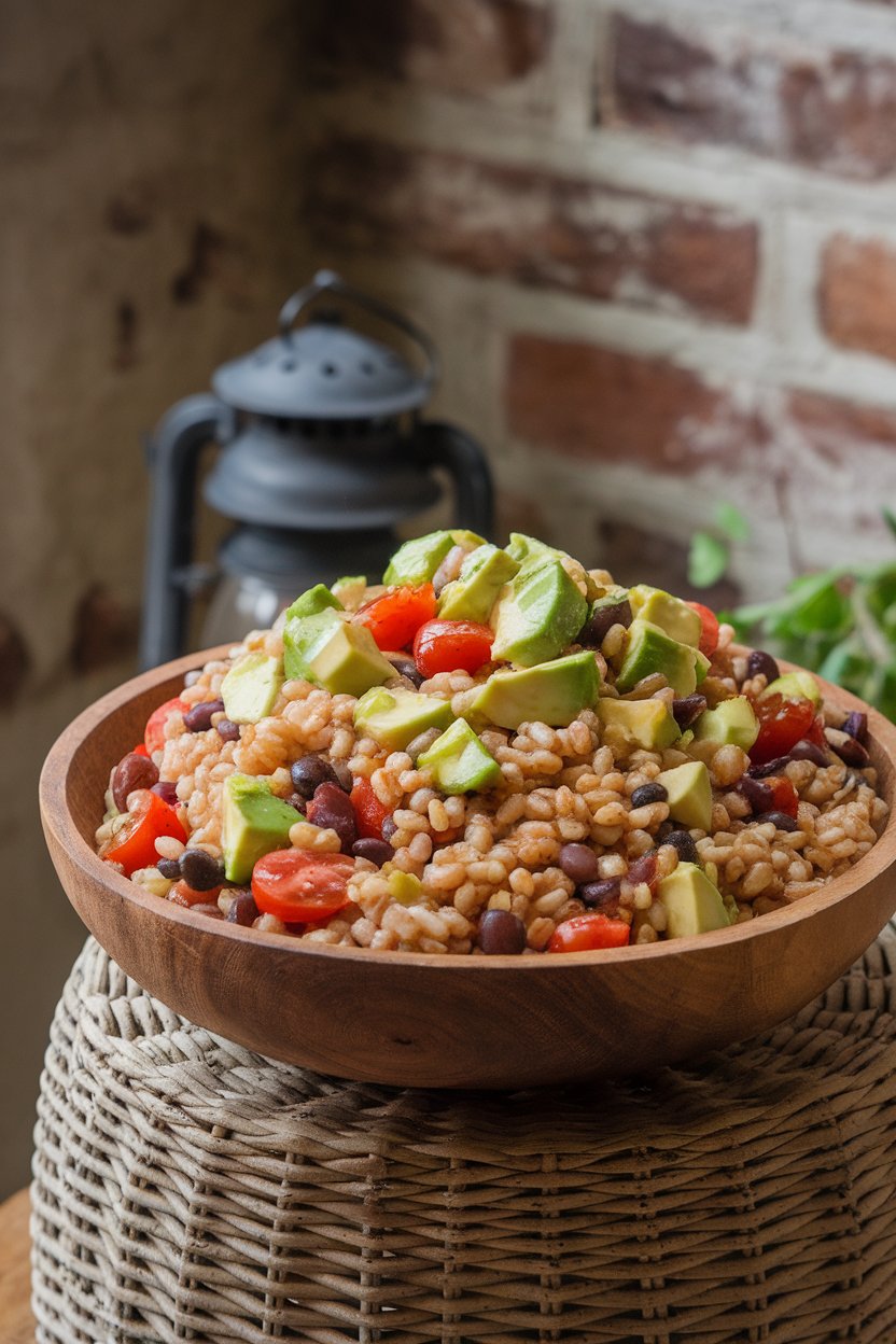 An indoor serving bowl of farro mixed with diced avocado, cherry tomatoes, black beans, and lime vinaigrette. No text or logos; photo, not illustration.