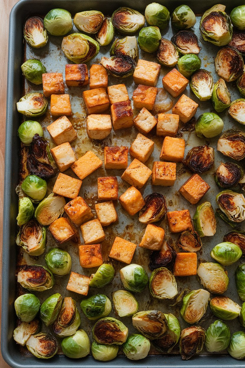 Indoor sheet pan of crispy tofu cubes and roasted Brussels sprouts, glistening with garlic-lemon dressing. No text or logos; photo.