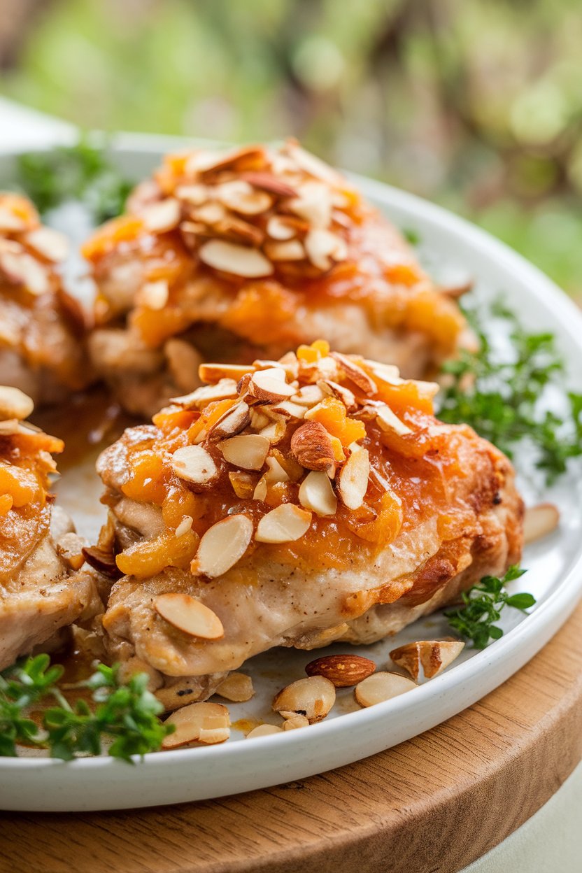 Indoor food photo of chicken thighs topped with chopped almonds and apricot glaze on a white platter; no text or logos.
