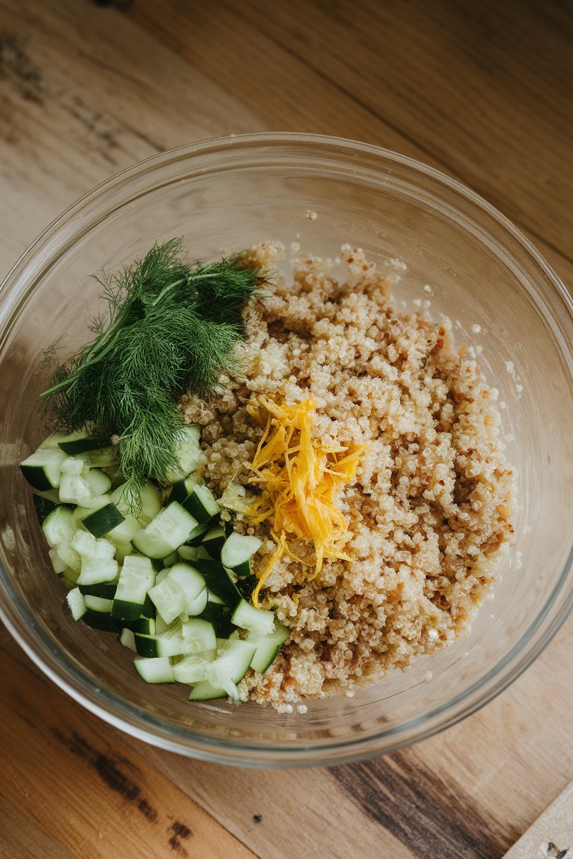 A photo of a glass mixing bowl indoors containing quinoa tossed with chopped cucumber, fresh dill, and lemon zest. No logos or text.