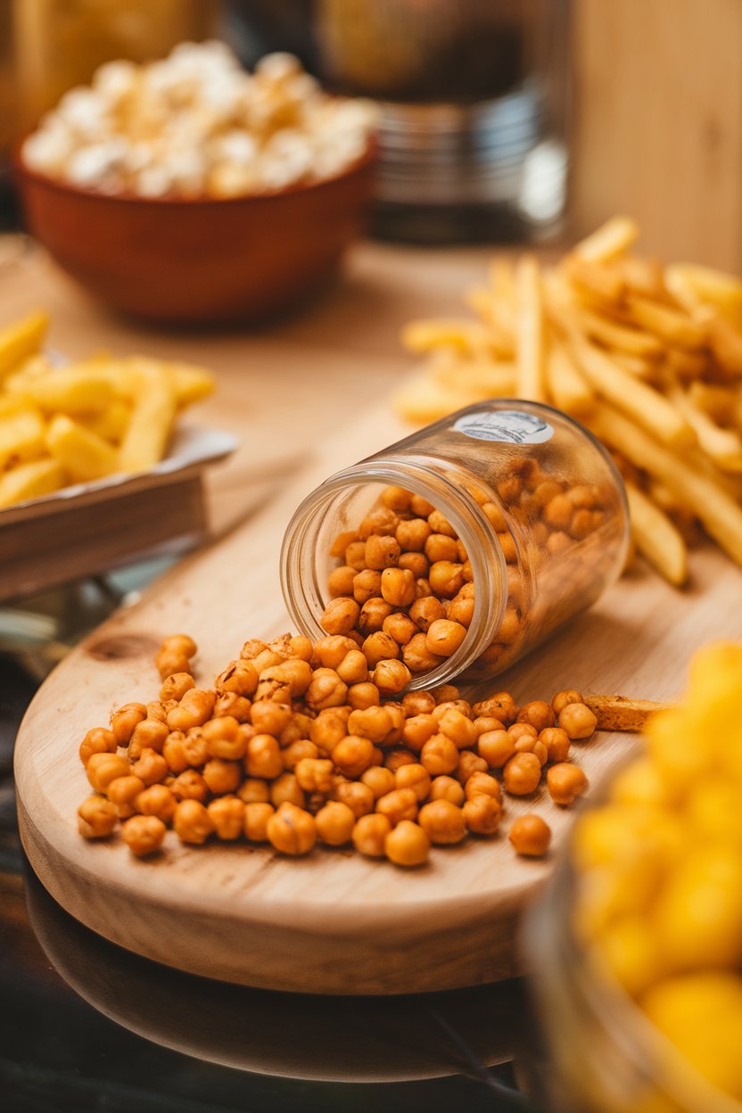 An indoor snack bar layout with a small glass jar spilling golden roasted chickpeas onto a wooden board, seasoning visible on the legumes. No logos or text.