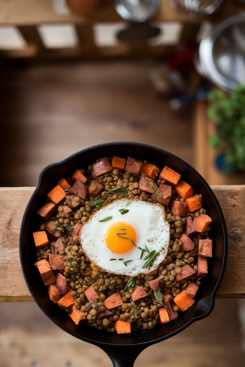Indoor photo of a skillet filled with diced sweet potatoes, green lentils, and sunny-side eggs on top, overhead shot, no text or logos