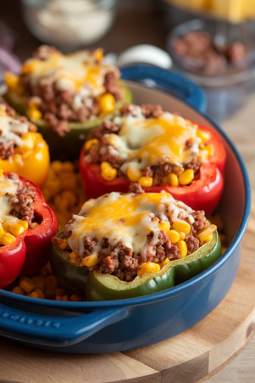 An indoor casserole dish holding halved bell peppers filled with rice, corn, and ground beef, cheese melted on top; no text or logos.