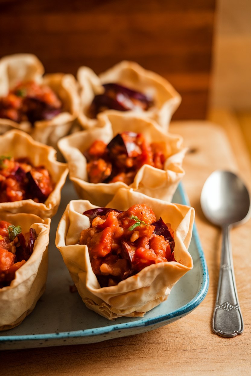 Phyllo cups filled with colorful eggplant caponata on an indoor serving dish. No text or logos. Photo.