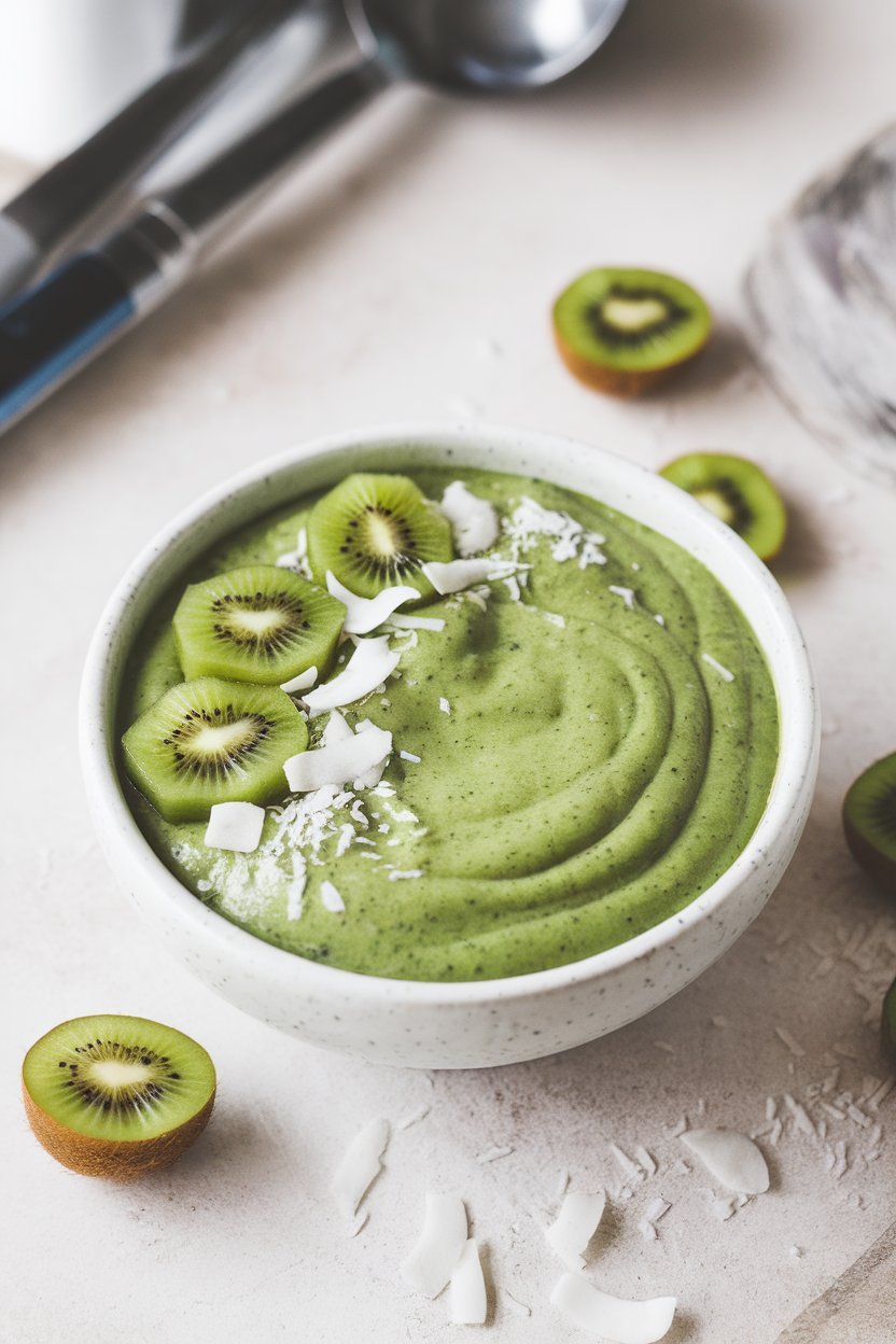 Photo of an indoor bowl of vibrant green spirulina smoothie topped with kiwi stars and coconut flakes, no text or logos.