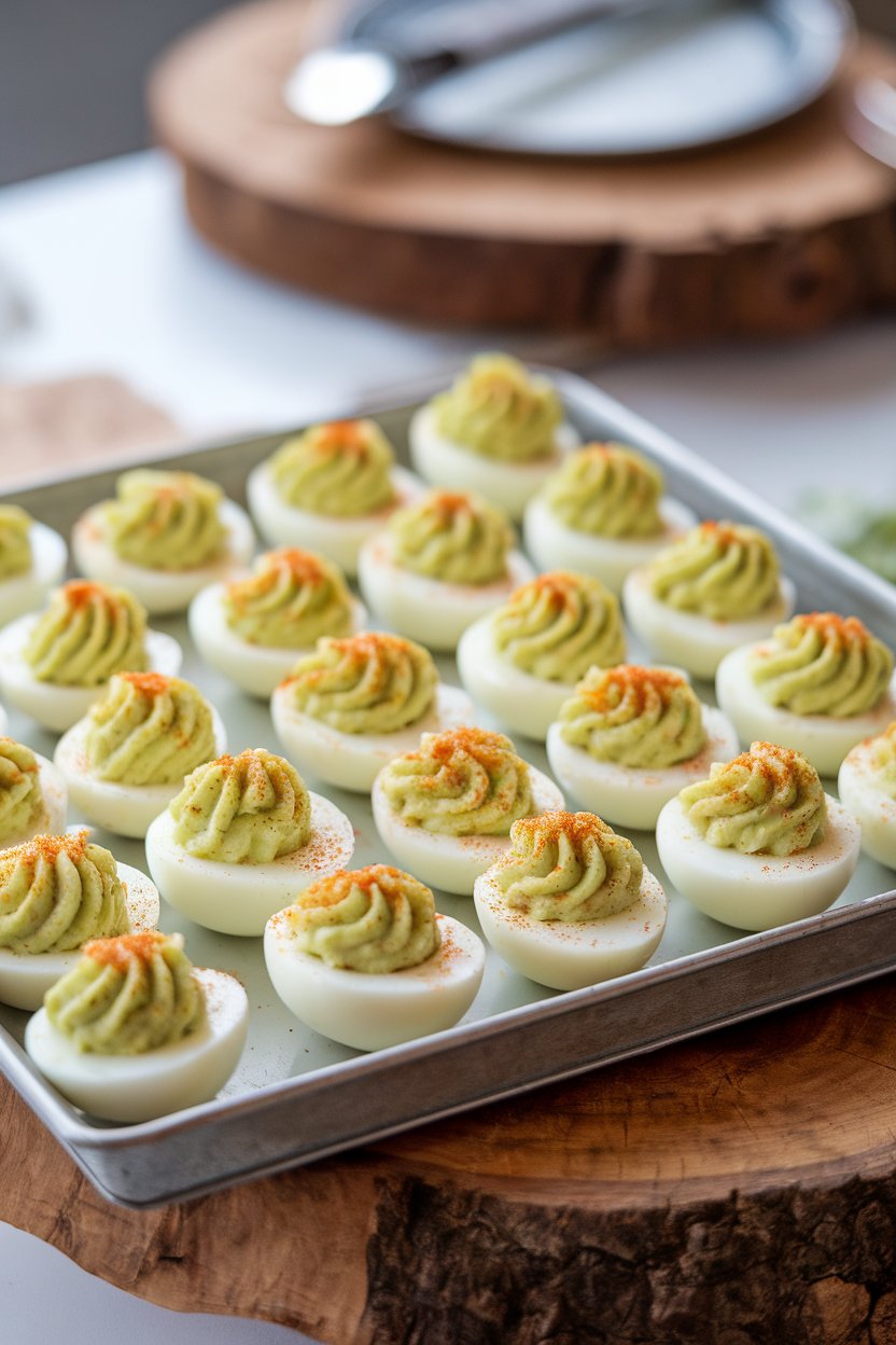Indoor tray of deviled egg halves filled with pale green avocado mixture and paprika sprinkle. No branding or text.