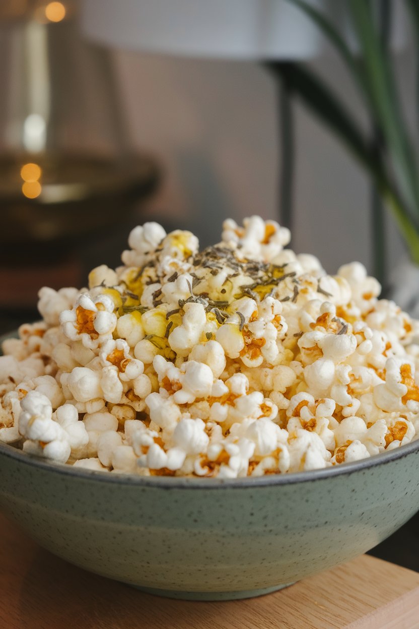 Indoor bowl of freshly popped popcorn drizzled with olive oil and sprinkled with mixed dried herbs. No logos.