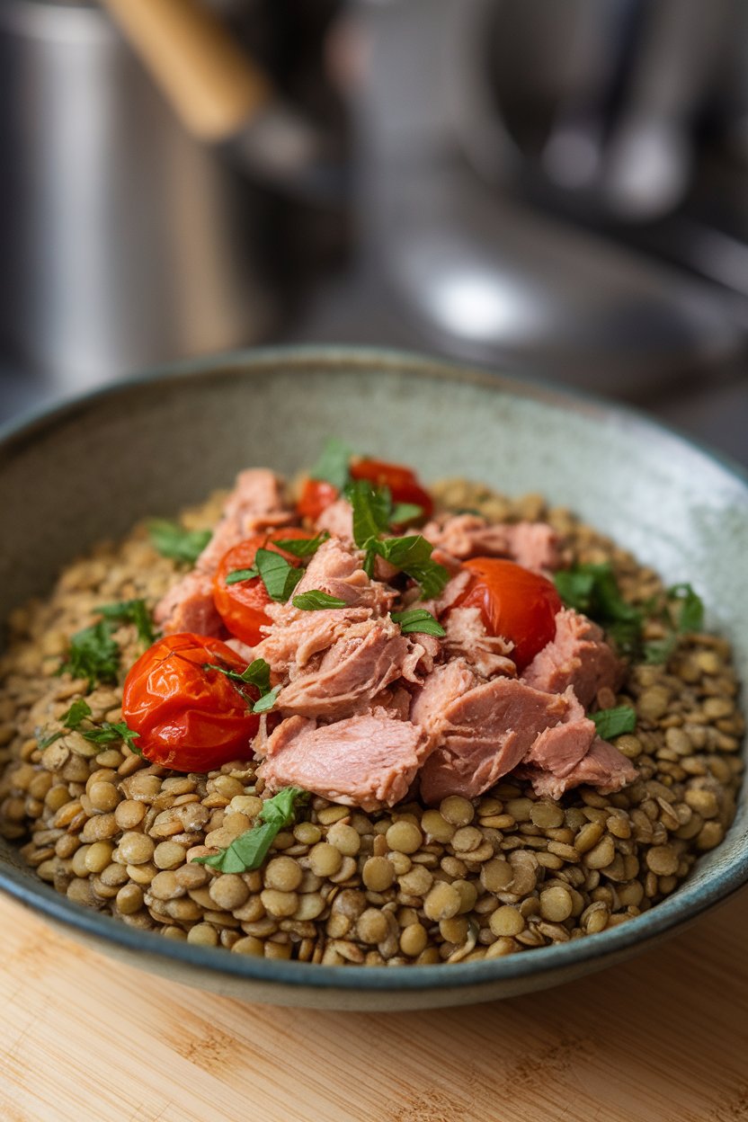 Shallow bowl of warm green lentils topped with tuna, roasted cherry tomatoes, and parsley; indoor, no text or logos.
