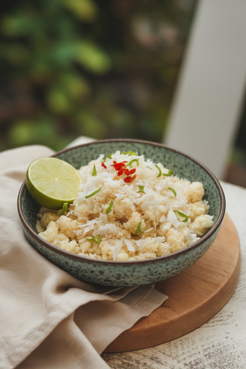 Photo of a bowl of cauliflower rice flavored with lime zest and shredded coconut, shown indoors. No logos or text present.