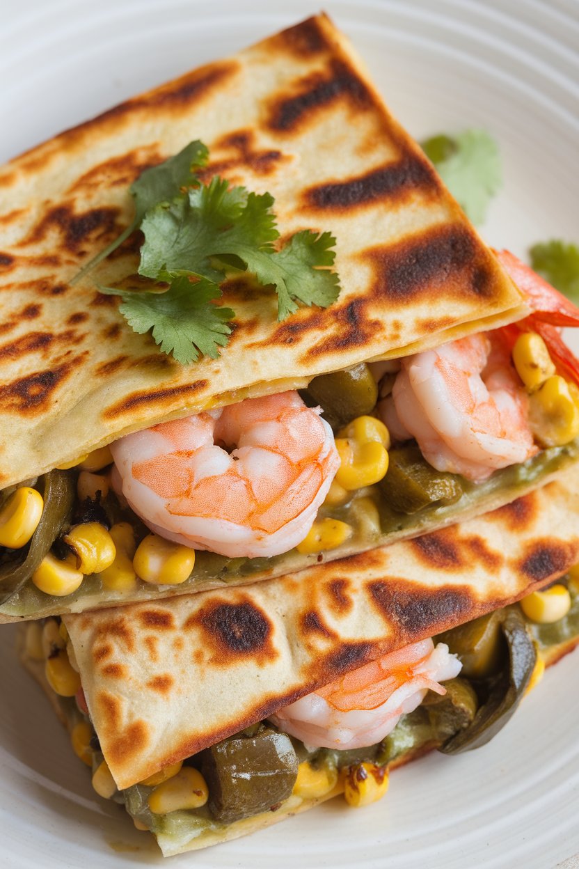 Indoor plate, cooked shrimp, roasted corn, and poblano quesadilla, golden cheese edges, photo, no text or logos.