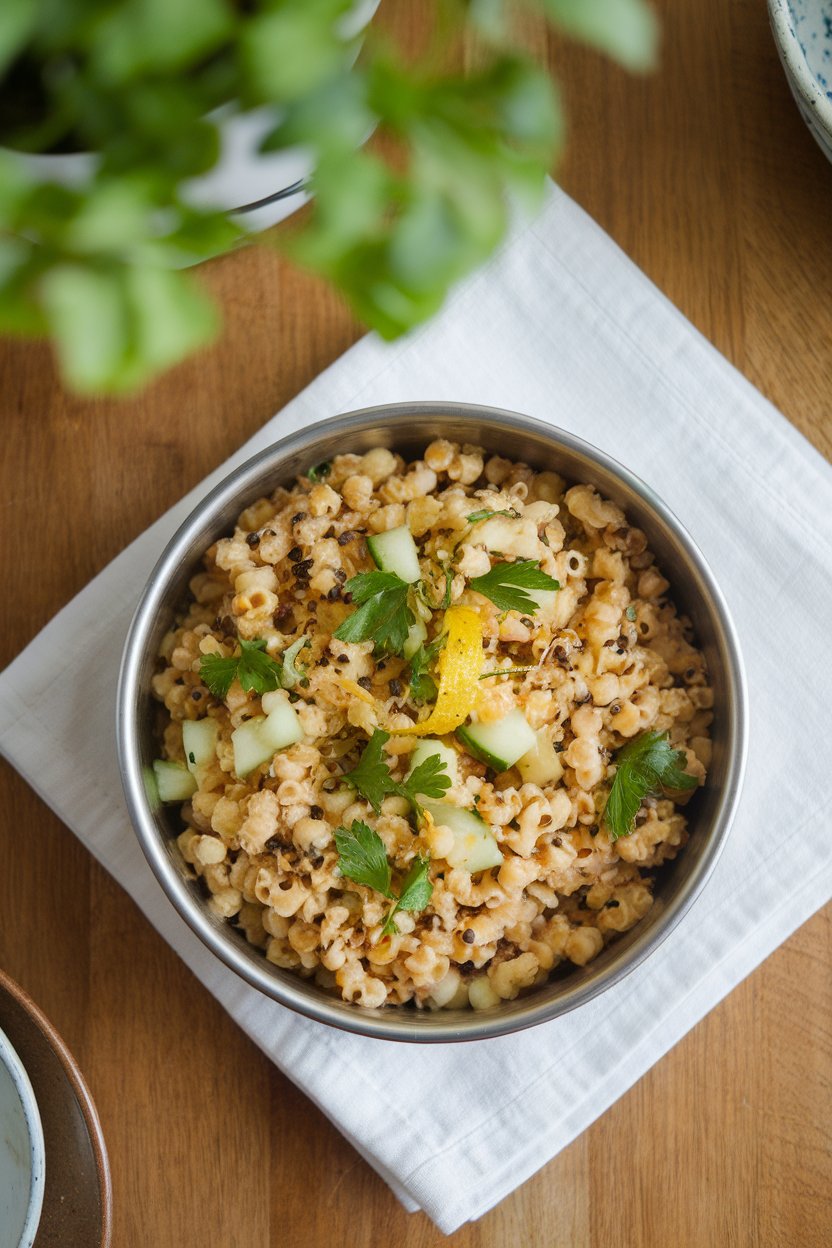 An indoor table scene showing a shallow dish of quinoa-corn pasta mixed with parsley, diced cucumber, and lemon zest, photographed from above; no text or logos.