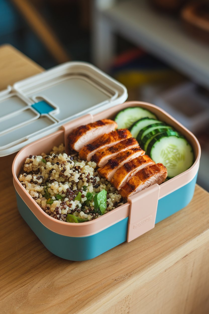 Photo — A reusable bento box indoors containing quinoa salad, grilled chicken strips, and sliced cucumbers. No brand marks or text.