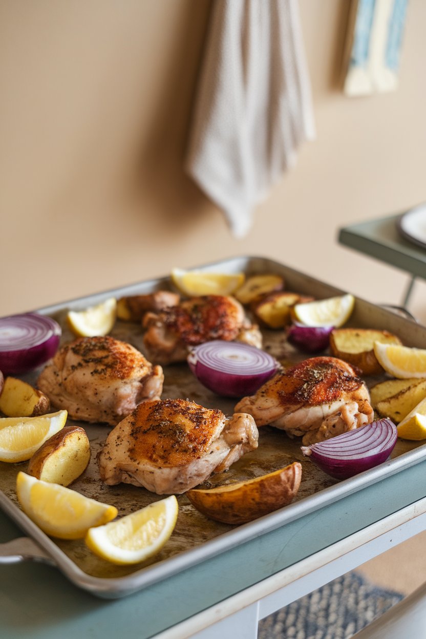 A sheet pan on an indoor dining table holding roasted chicken thighs sprinkled with oregano, surrounded by golden lemon-kissed potato wedges and red onion; no text or logos.