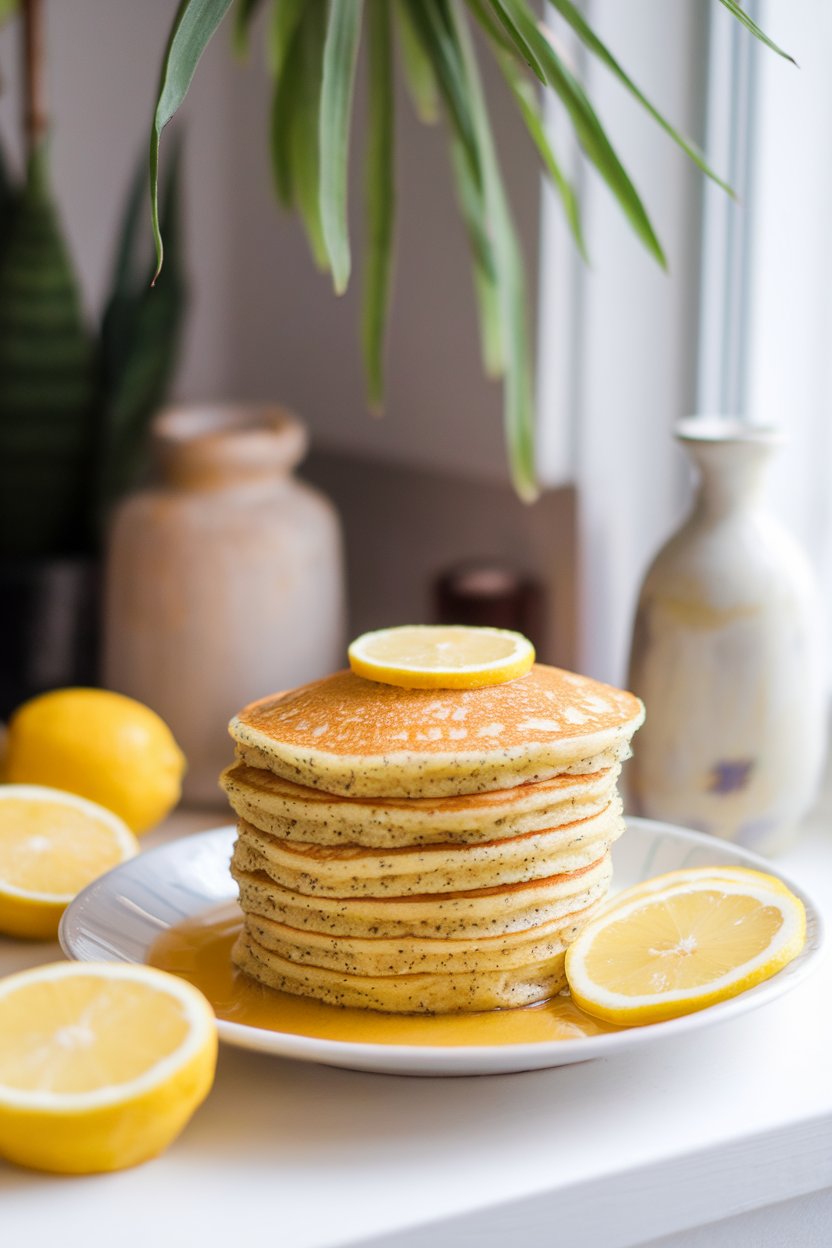 Brightly lit indoor breakfast nook featuring lemon-speckled pancakes, visible poppy seeds, thin lemon slices on the side; photo only, no logos.
