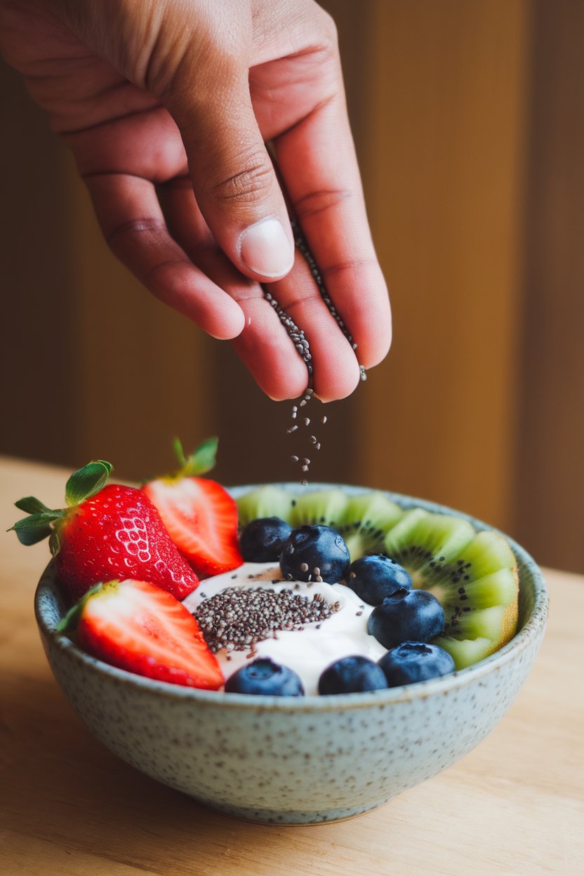 Indoor image of a hand sprinkling chia seeds over a bowl of yogurt and fruit, no text or logos.