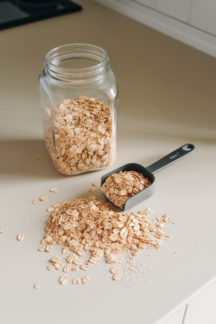 Indoor breakfast counter with a clear jar of oat bran and a measuring scoop, some bran sprinkled on the surface. No text or logos. Photo only.