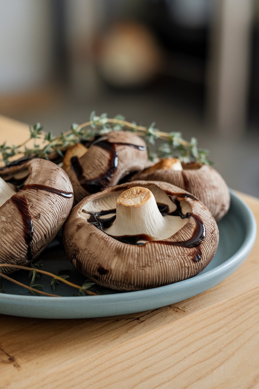 An indoor plate holding large roasted portobello caps brushed with balsamic glaze, garnished with thyme; no text or logos.