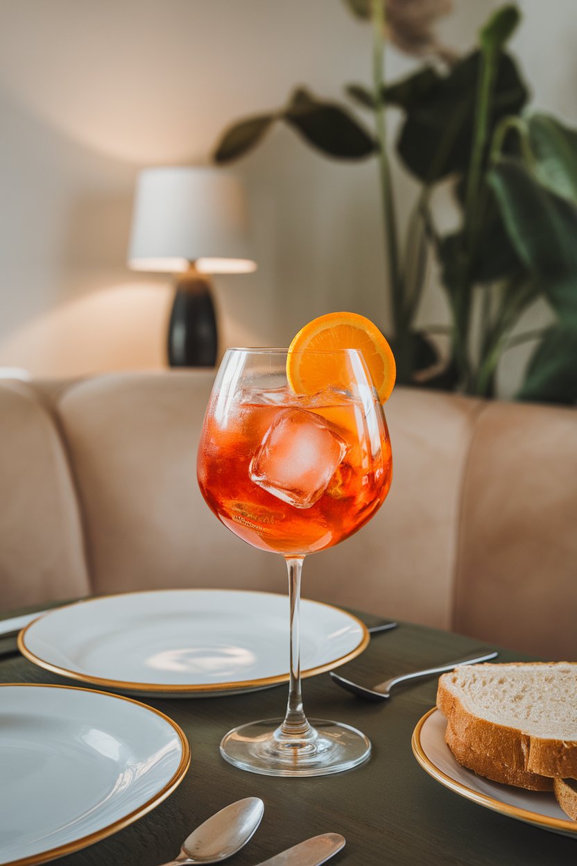 A cozy indoor table with a stemmed wine glass holding a vivid orange Aperol Spritz, large ice cubes, and an orange wheel. No text or logos.