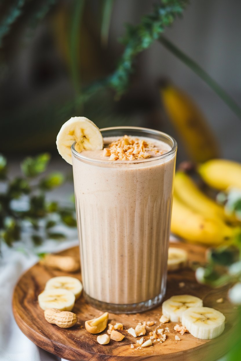 Indoor photo of a tall glass of creamy smoothie, light brown hue, topped with banana slice and crushed peanuts, no text or logos.