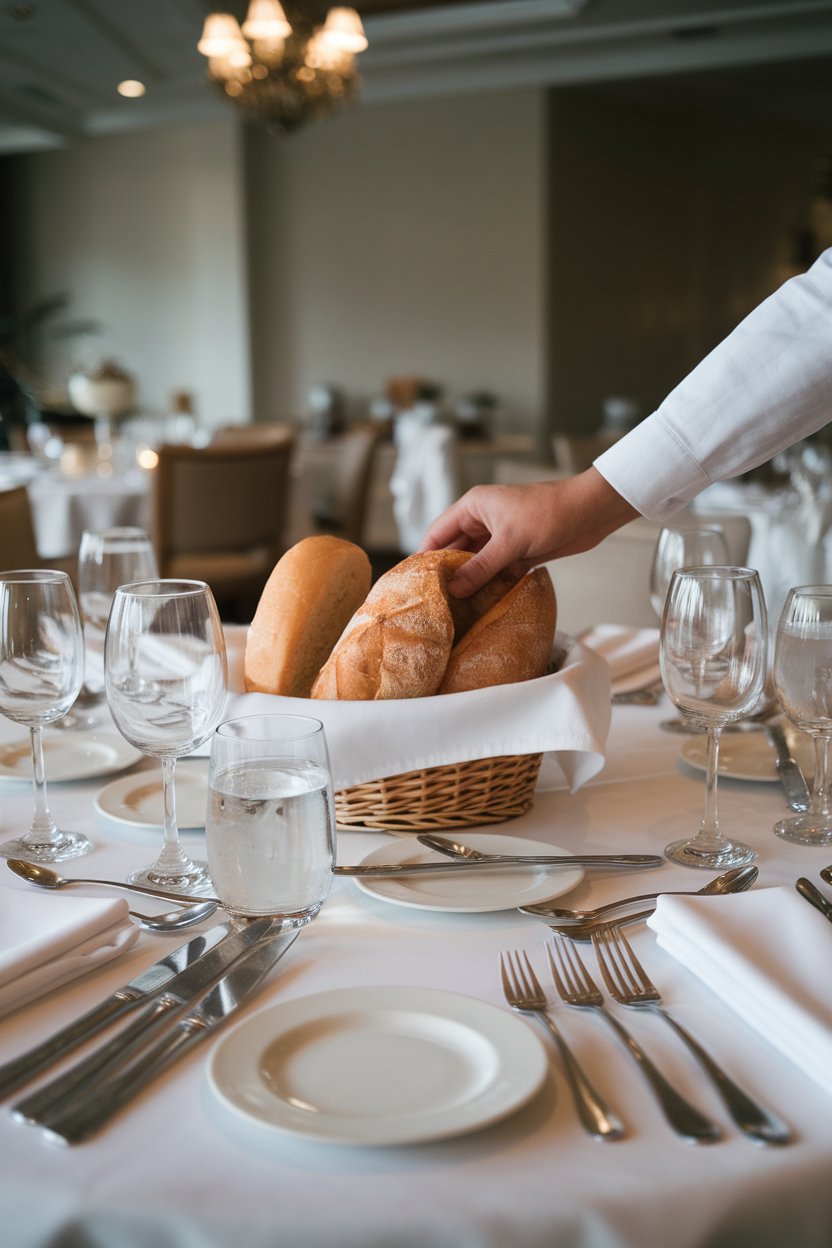 An indoor dining table where a server’s hand is removing an untouched bread basket, leaving only water glasses. No text or logos on linens.