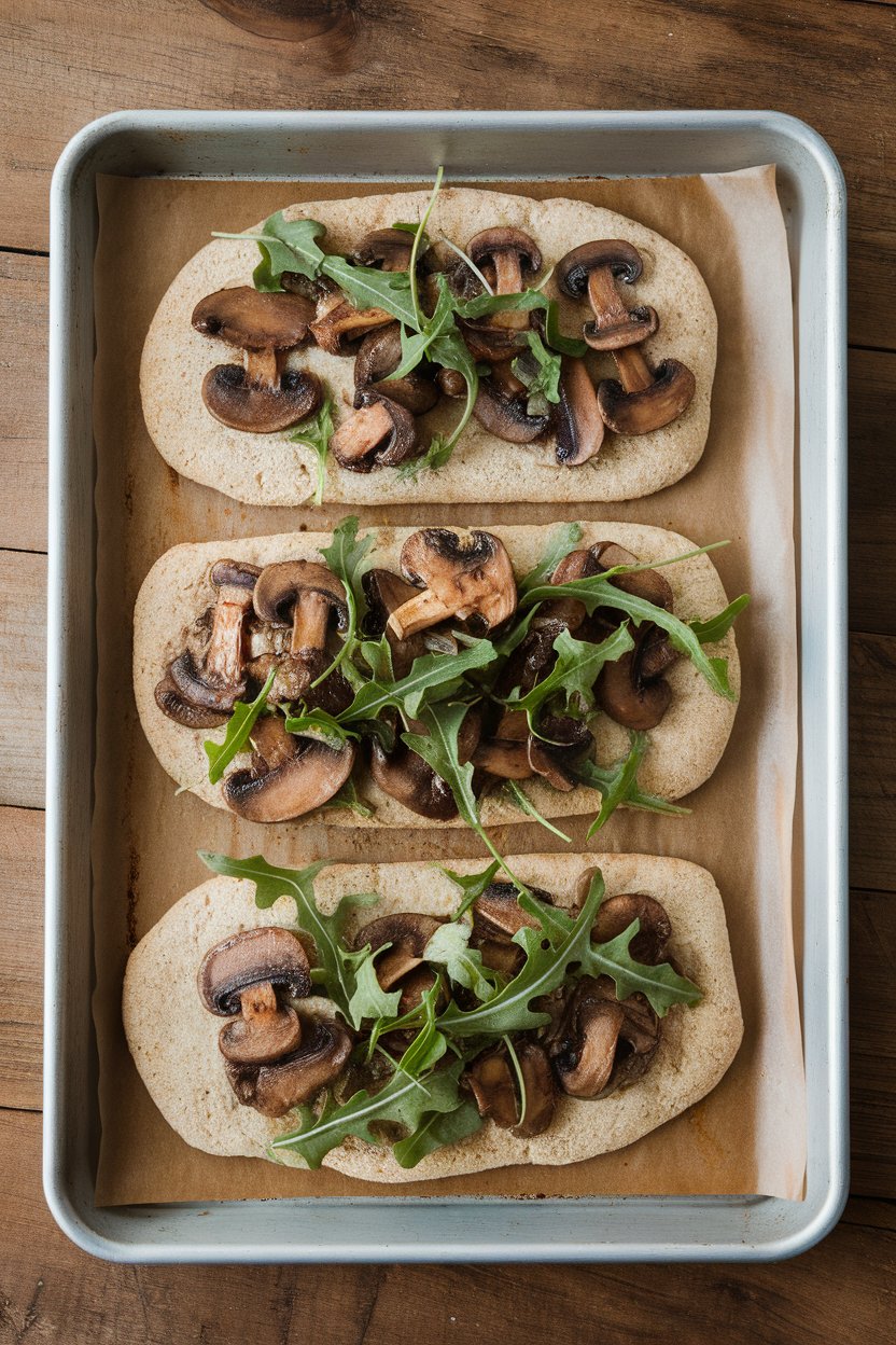 Indoor baking sheet with whole-wheat flatbread topped with sautéed balsamic mushrooms and a sprinkle of arugula after baking. No text or logos anywhere.