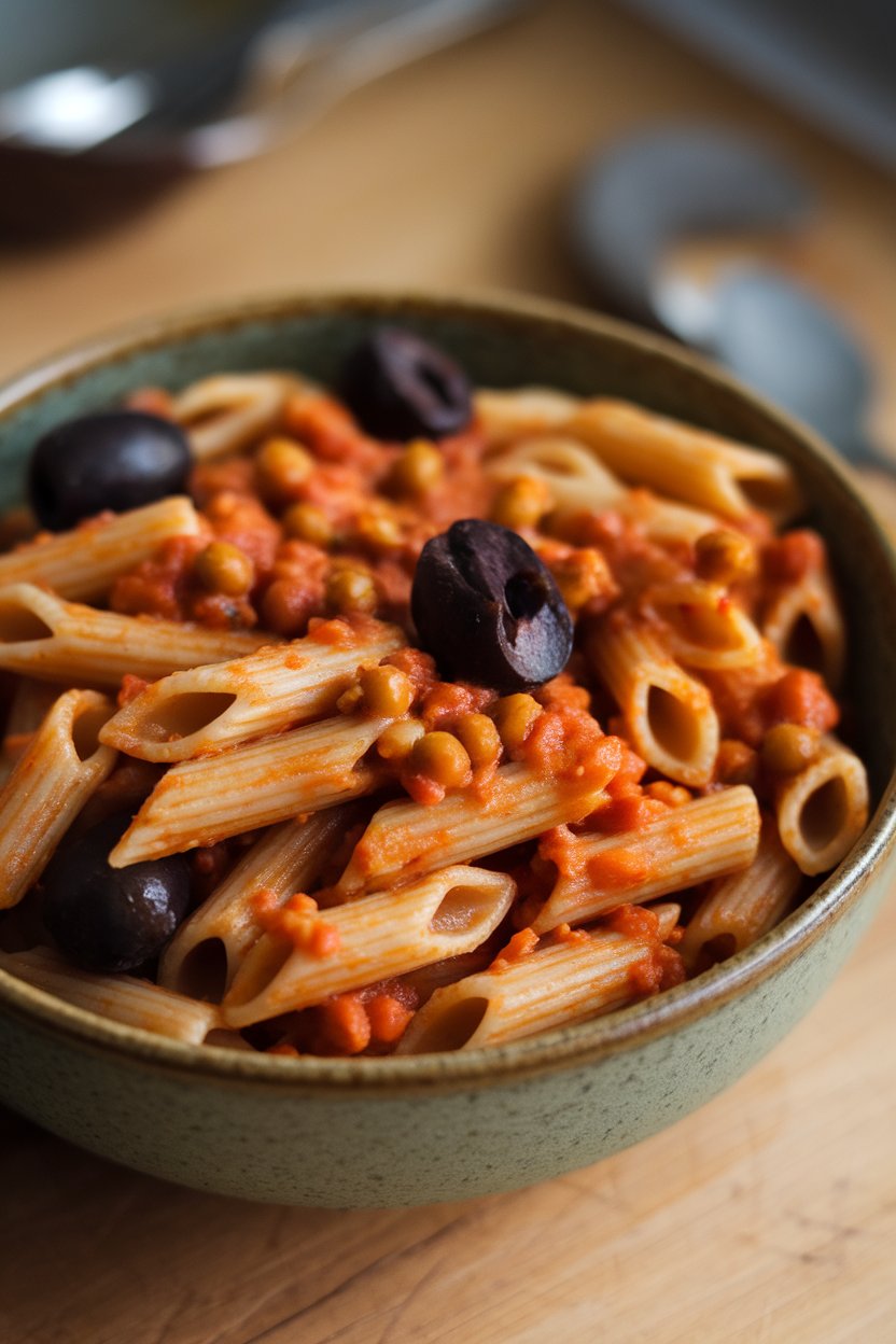 Indoor ceramic bowl of whole-wheat penne tossed in tomato-lentil sauce, dotted with black olives. No logos.