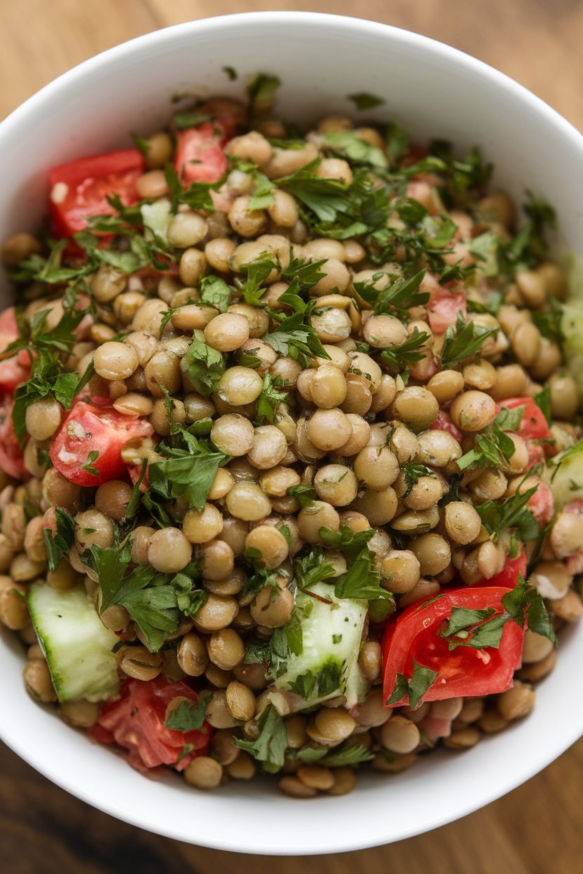 An indoor bowl of lentil tabbouleh dotted with parsley, tomatoes, and cucumber, olive oil sheen on top. No text or logos.