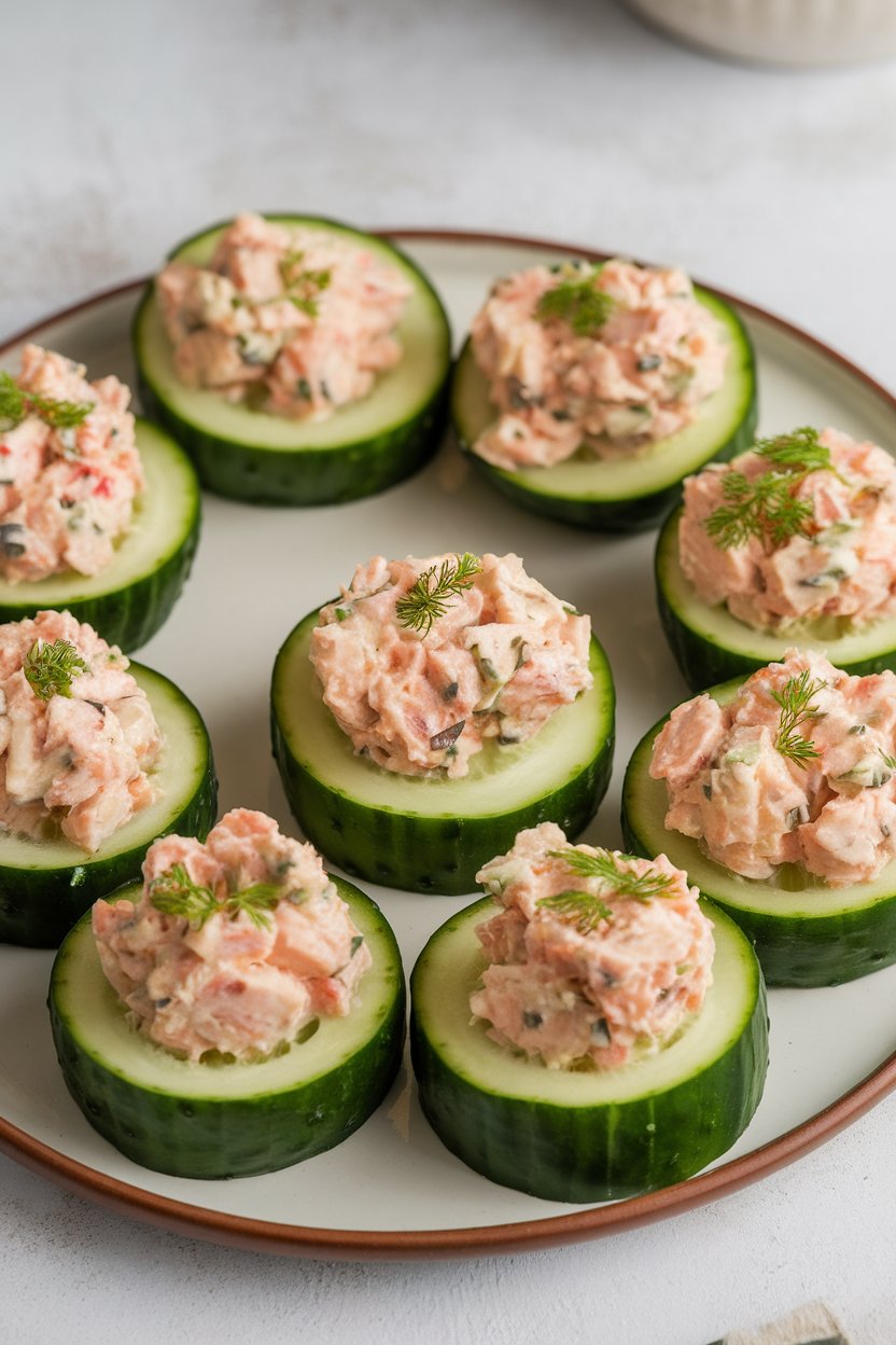Plate of hollowed cucumber halves stuffed with lemon-pepper tuna salad, shot indoors with diffused light, no text or logos.