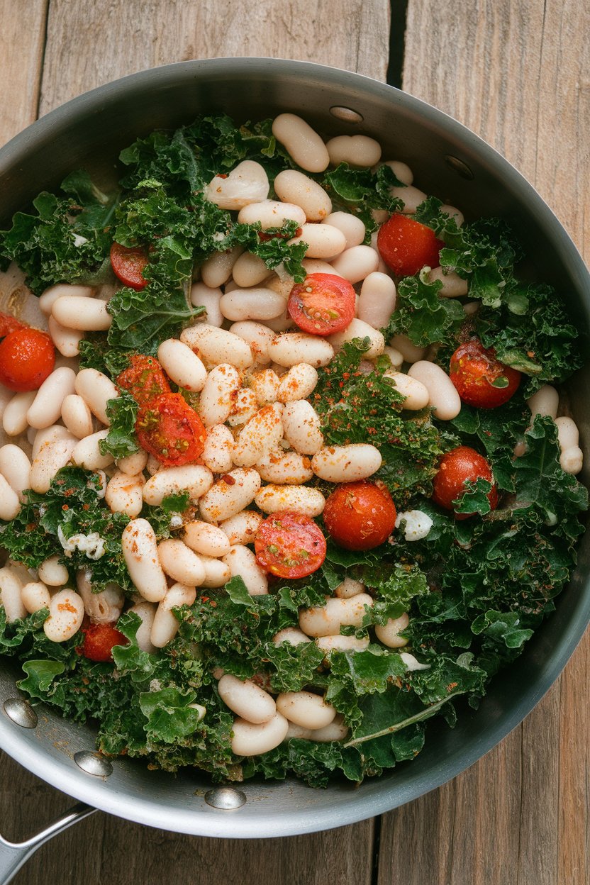 An indoor skillet containing sautéed kale, white beans, cherry tomatoes, and garlic, sprinkled with red pepper flakes; no text or logos; photo.