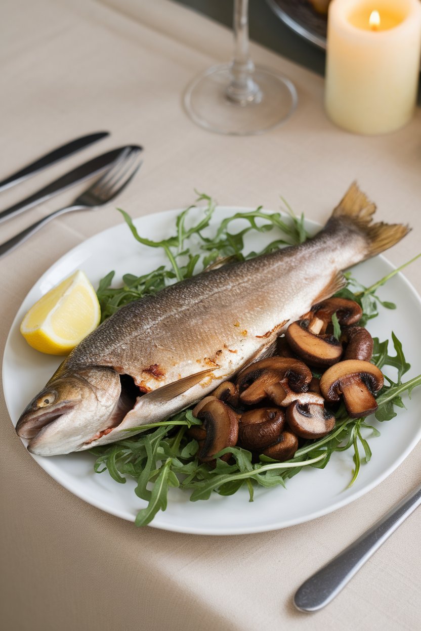 An indoor scene of grilled trout with lemon and a side of sautéed mushrooms; no logos. Photo only.