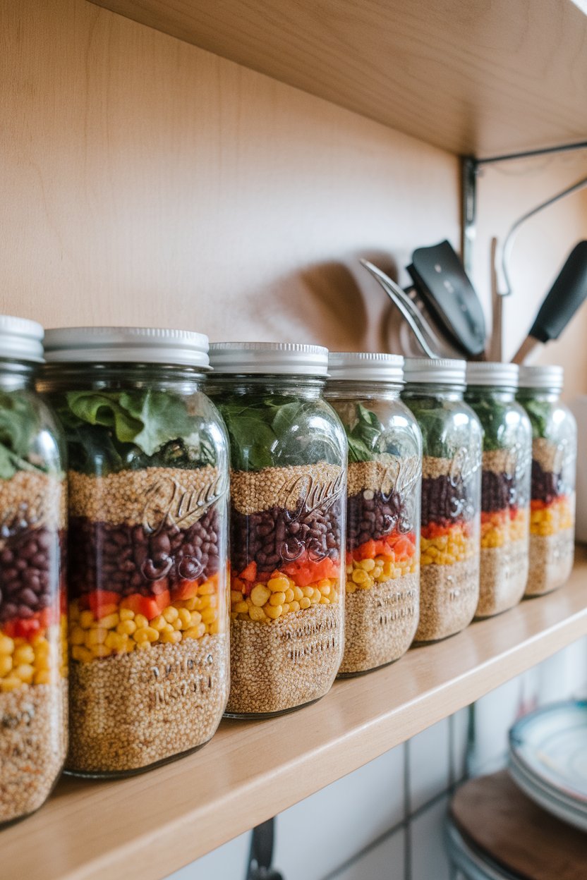 Photo of an indoor kitchen shelf lined with clear mason jars layered with quinoa, black beans, corn, diced peppers, and leafy greens. No text or logos anywhere.
