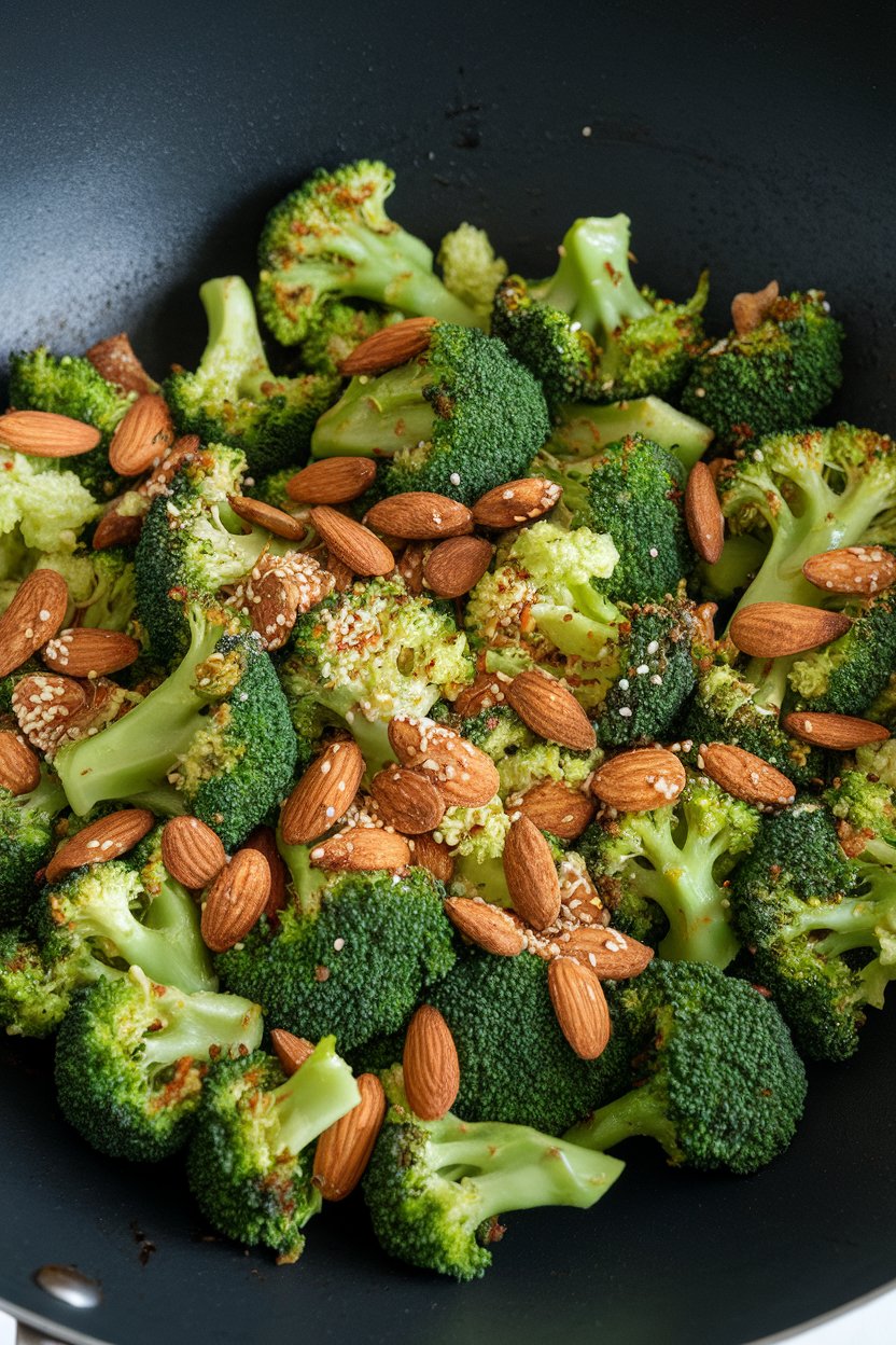 Photo, indoors, wok full of bright green broccoli florets tossed with toasted almonds and sesame seeds, light glaze visible. No text or logos.