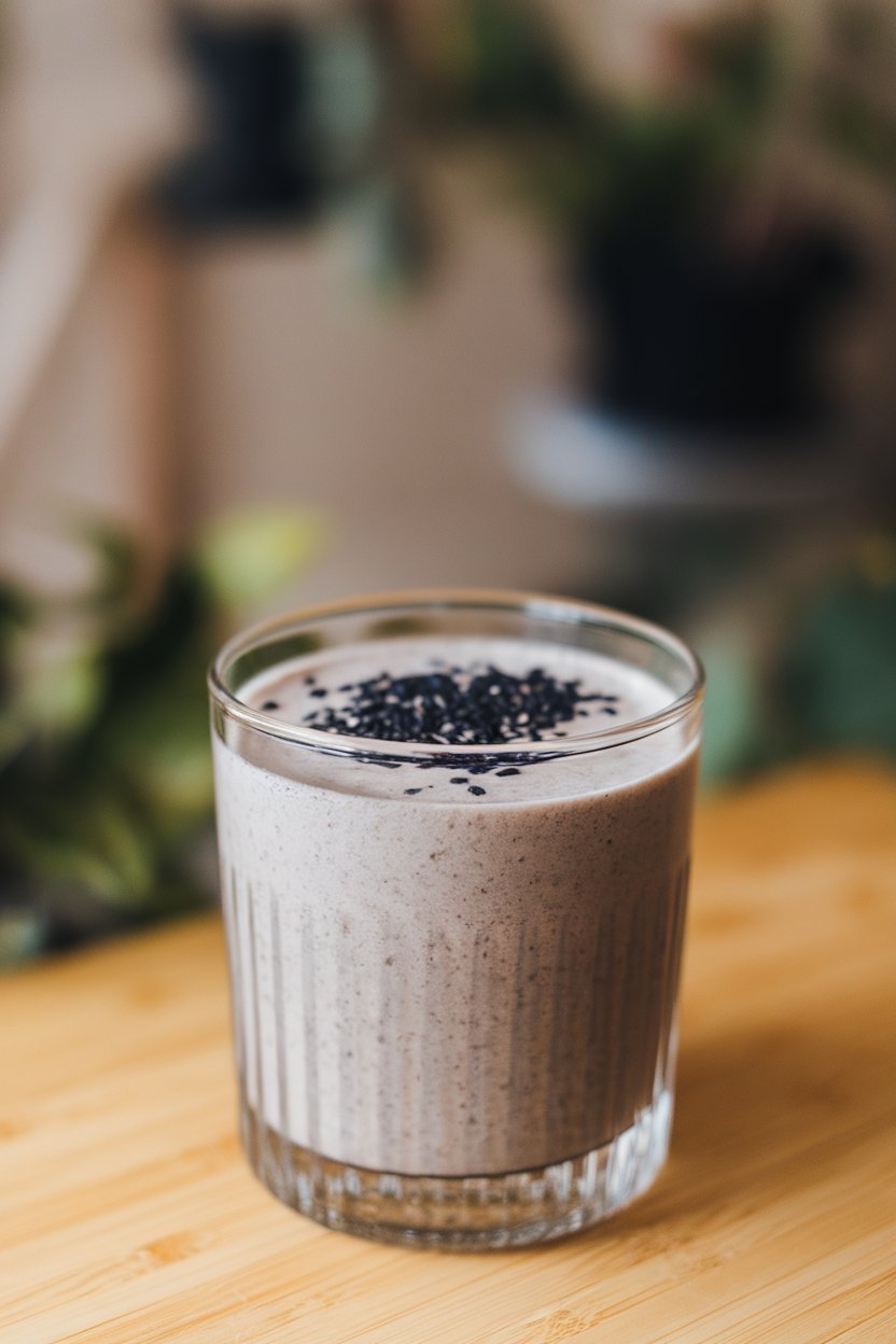 A photo of an indoor rocks glass displaying a smoky gray smoothie, sprinkled with whole black sesame seeds; no text or logos.