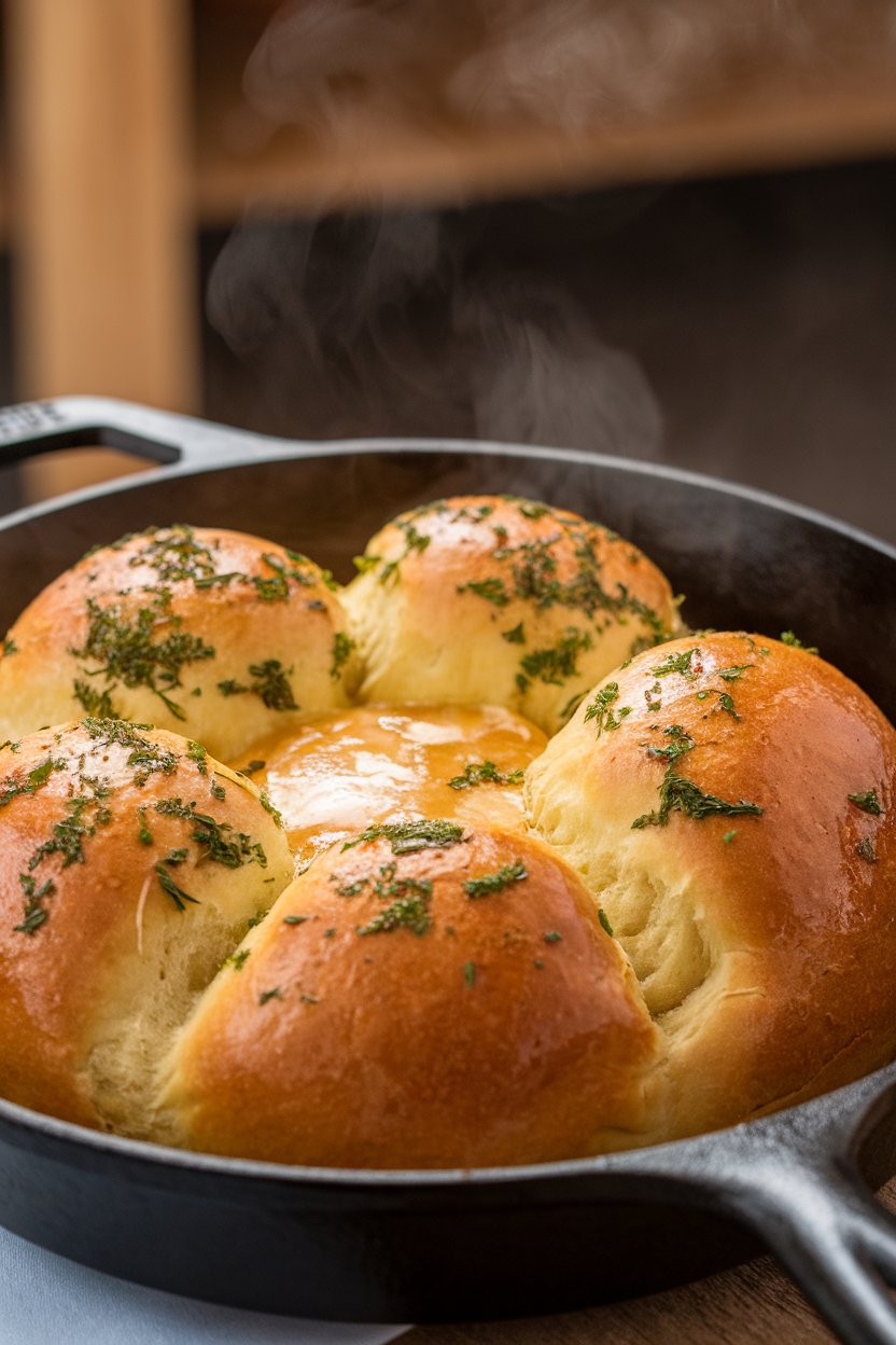 A golden pull-apart loaf dotted with parsley and melted butter in an indoor cast-iron skillet, steam rising. No text or logos. Photo.