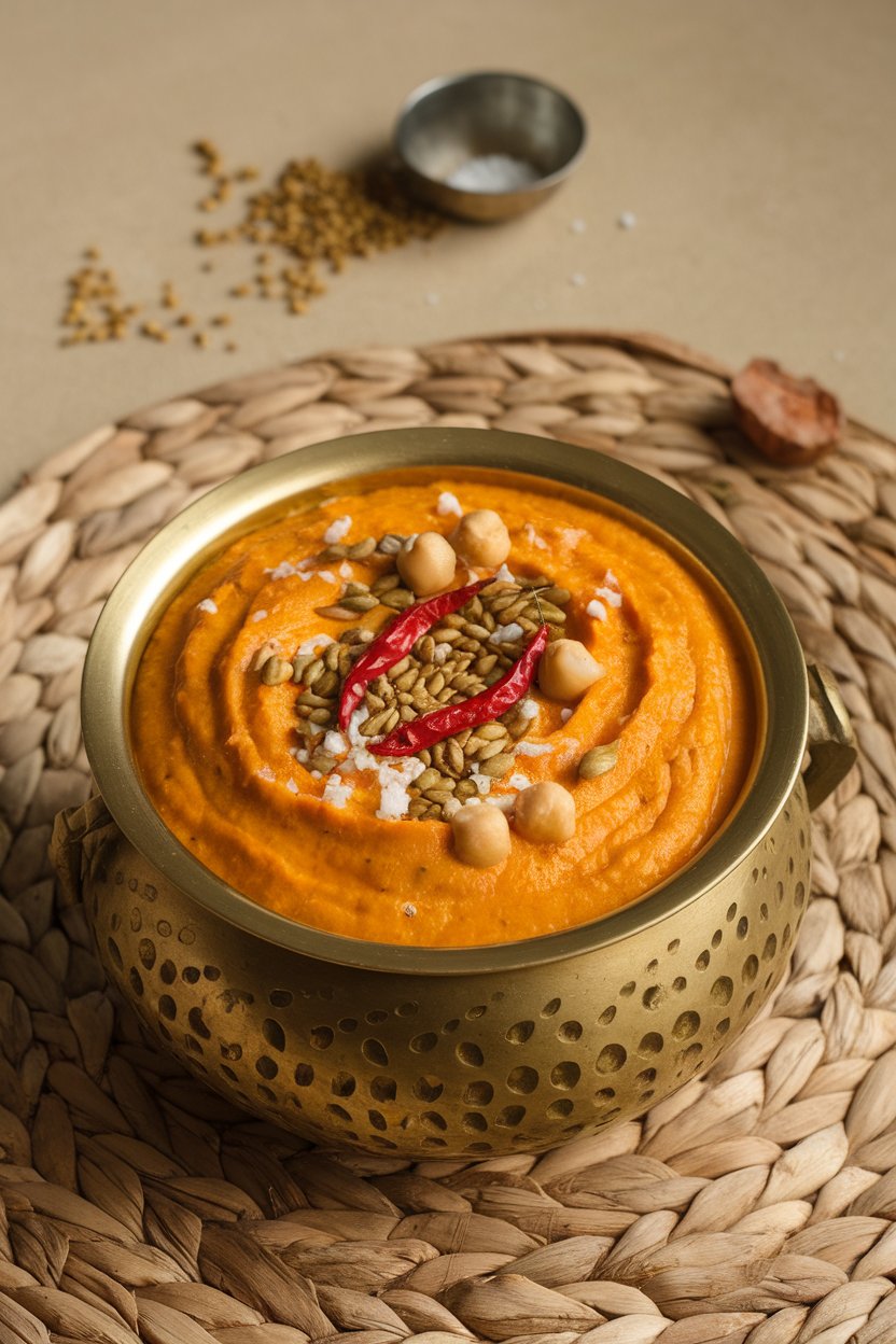 An indoor brass bowl of orange pumpkin erissery with coconut and cowpea flecks, tempered mustard seeds and red chilies on top. No text or logos. Photo, not illustration.