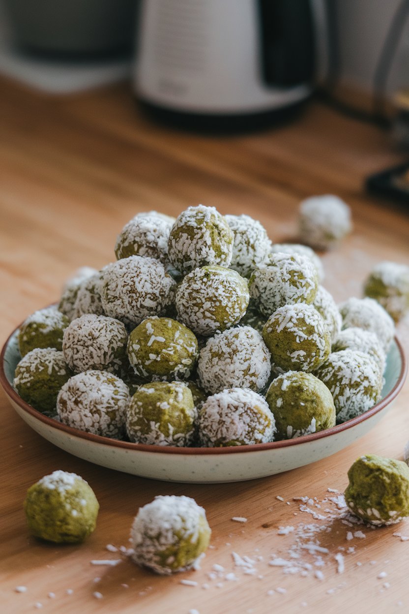 Indoor plate filled with small green matcha oat balls rolled in shredded coconut. No text or logos; photo.