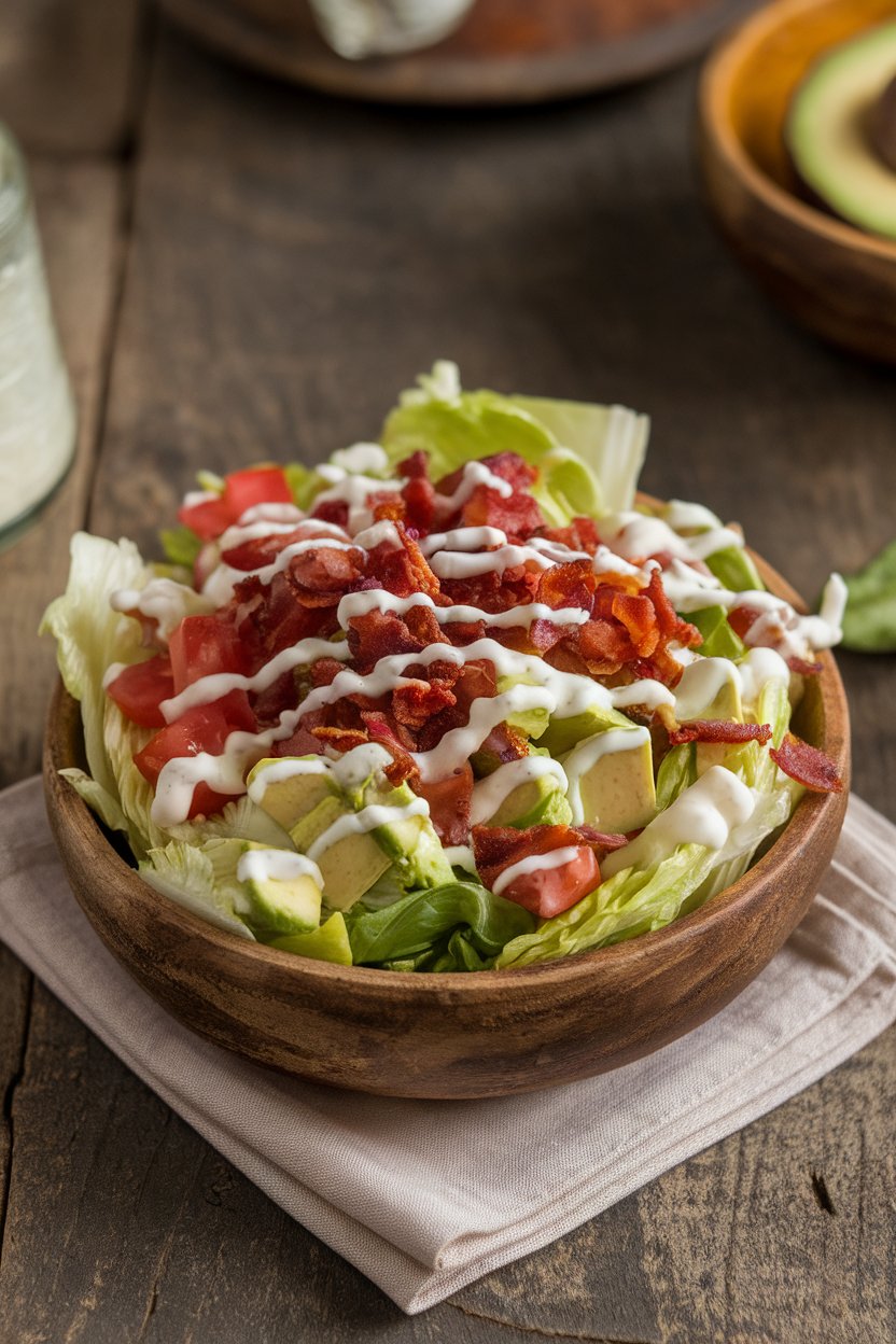 Indoor scene of a rustic wooden bowl filled with romaine, crispy bacon bits, diced tomatoes, avocado, and a drizzle of creamy buttermilk herb dressing. Photo only, no text or logos.