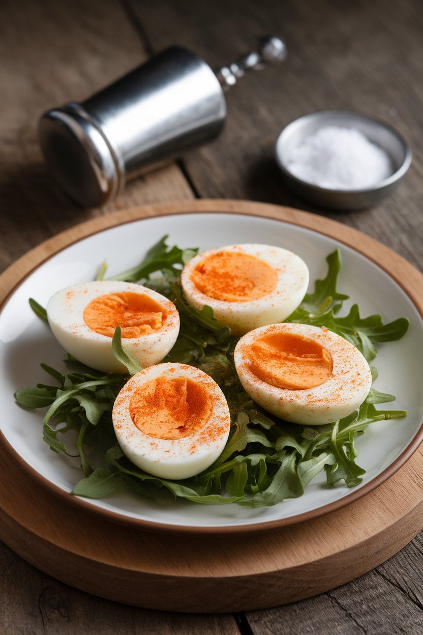 Indoor plate featuring halved hard-boiled eggs lightly dusted with smoked paprika, salt cellar in background. No text or logos, photo not illustration.