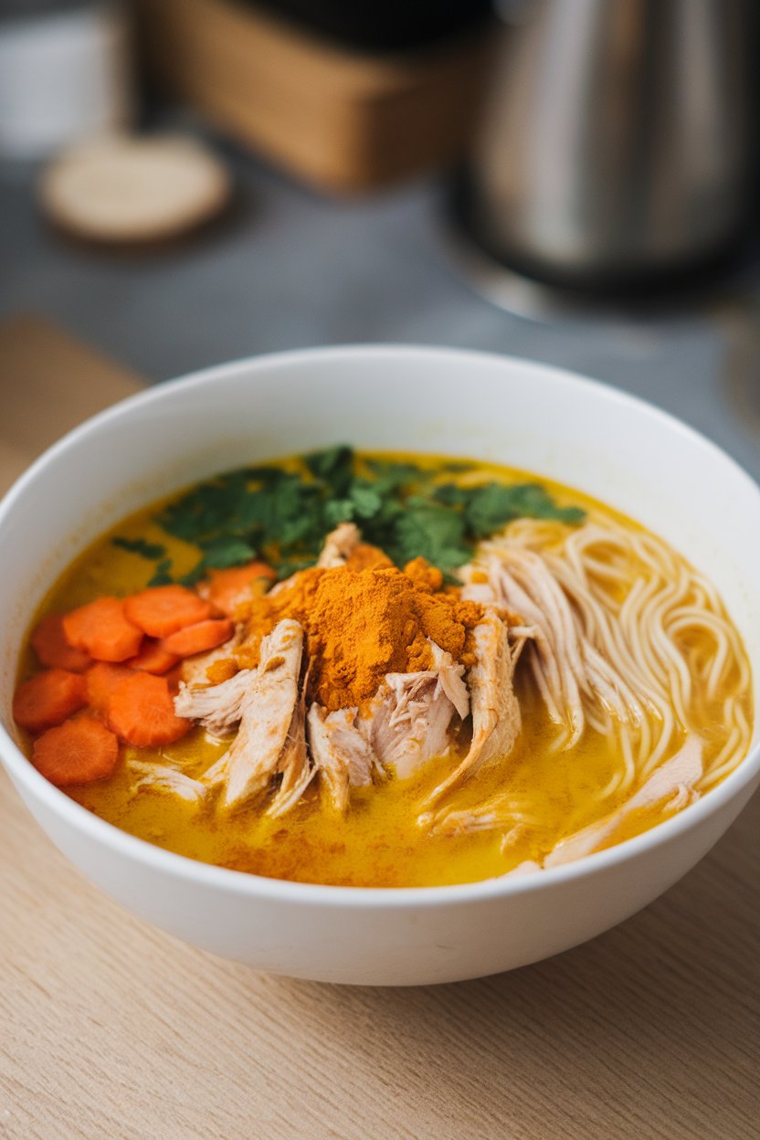 A white bowl indoors containing golden broth with shredded chicken, turmeric, noodles, and sliced carrots; no text or logos; photo.